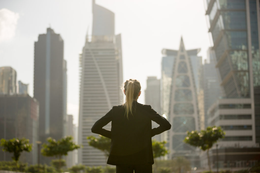 a back of a woman with skyline