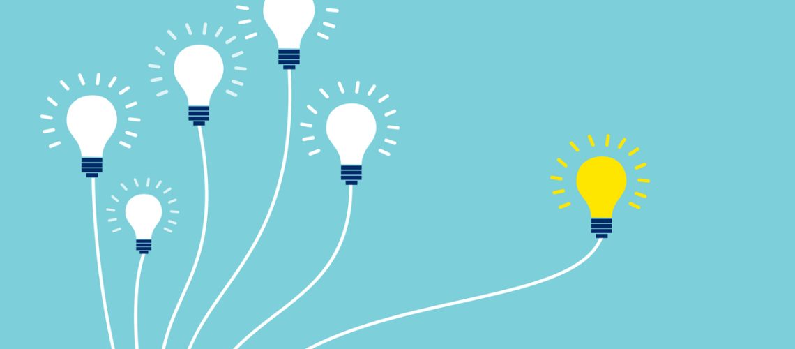 Vector of light bulbs on blue background. Business teamwork and one different opinion vision creative concept.