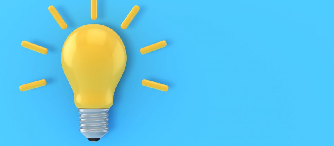 Yellow Light Bulb Icon on blue background stock photo.3d illustration