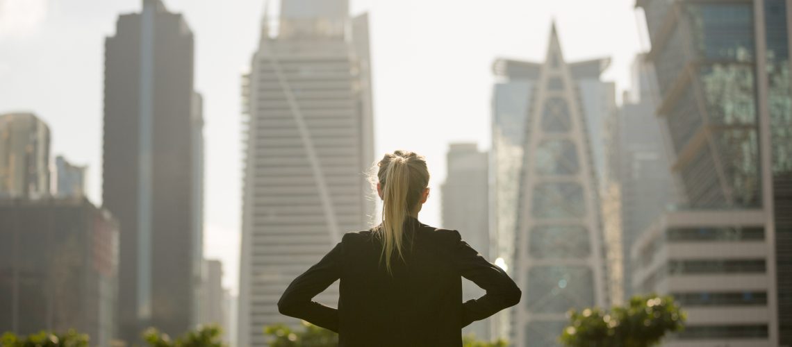 a back of a woman with skyline