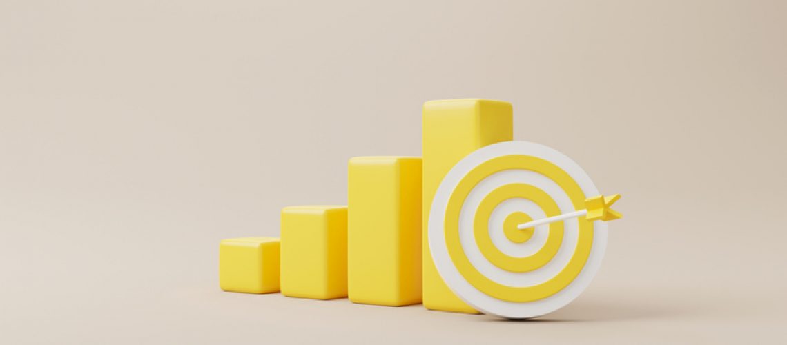 Growthing yellow graph bar with dartboard and arrow on background. Business development to success and growing growth concept. 3d rendering illustration