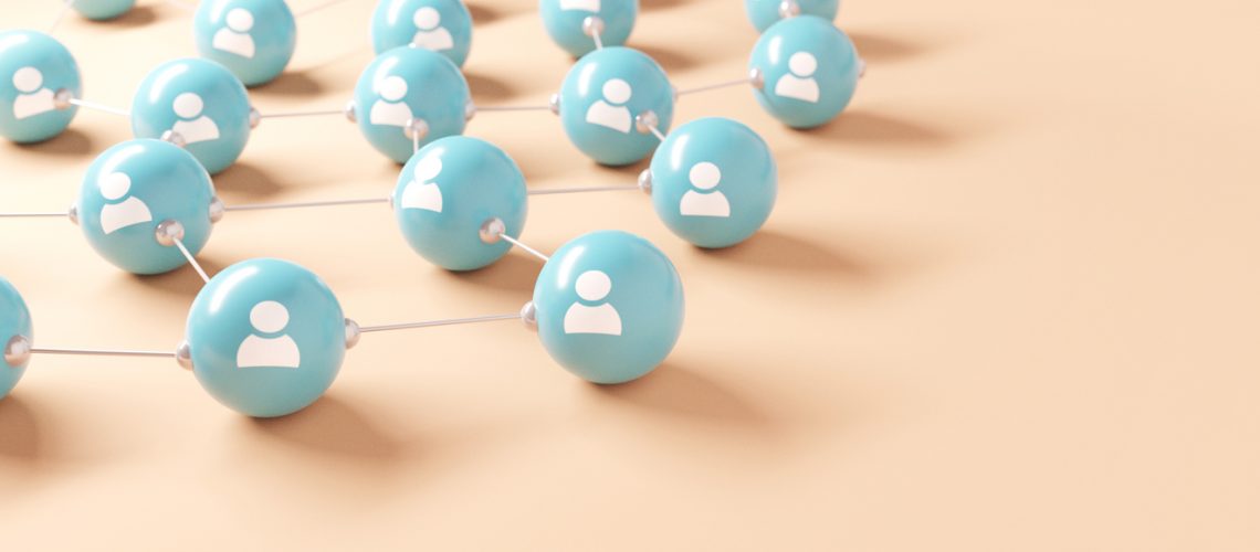 Connecting people and communication concept, social network. People icon connected together on blue background. Teamwork, 3d render. Copy space.