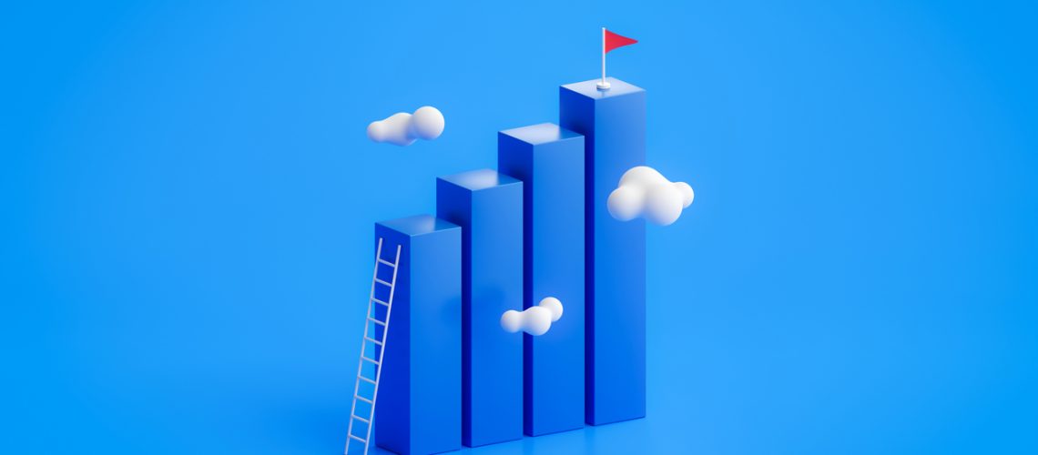 Success business graph on goal achievement strategy chart concept 3d background with creative growth financial progress target or victory competition step climbing top flag improvement high objective.
