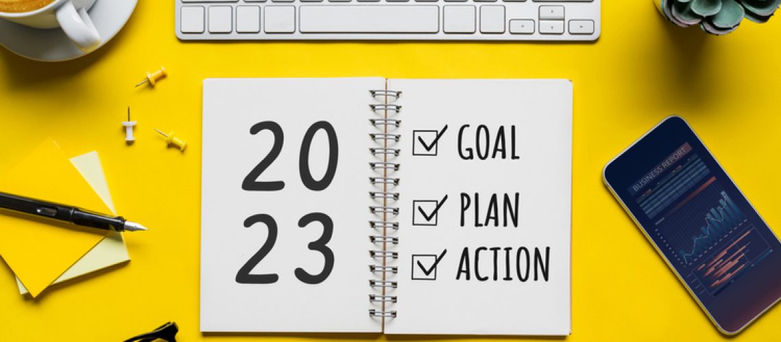 2023 new year goal,plan,action concepts with text on notepad and office accessories.Business management,Inspiration to success