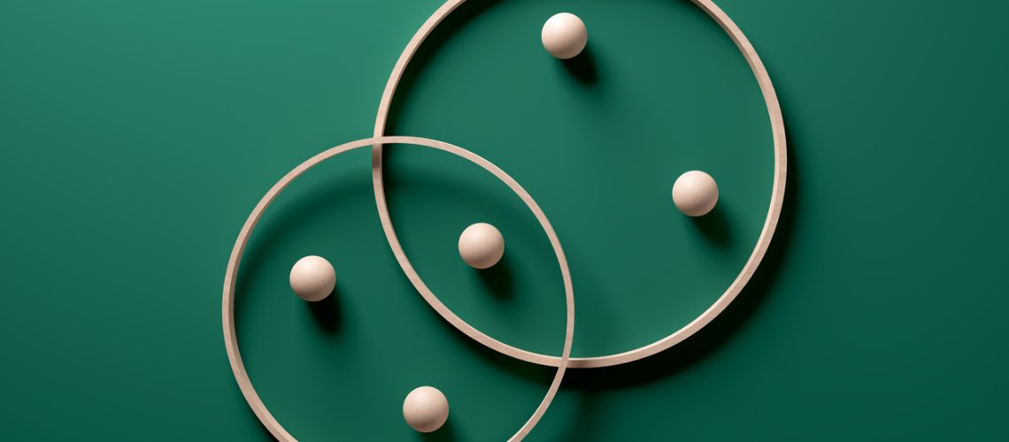 Crossing wooden rings with spheres on green background. Modern abstract art with geometric shapes. 3d rendering.