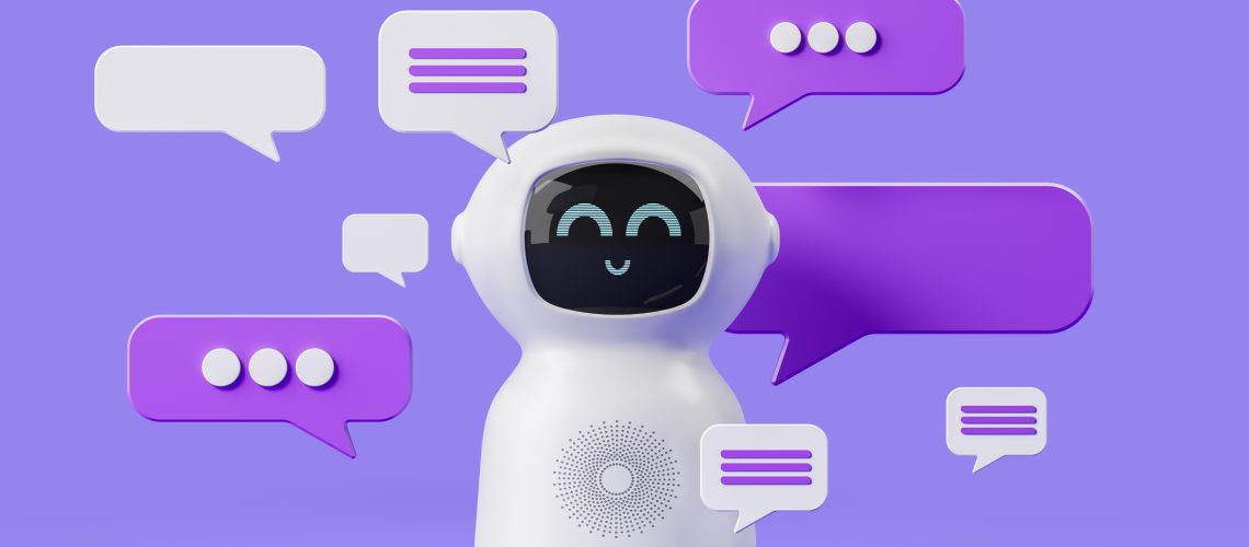 Cute smiling white artificial intelligence bot standing over purple background with speech bubbles. Concept of AI and machine learning. 3d rendering