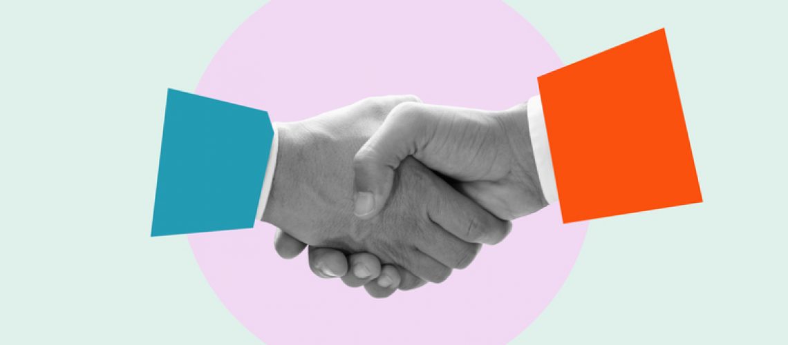 Modern design with a positive context, a handshake. Concept of help, support, and harmony between adults. Modern design with a positive context, a handshake. Concept of help, support and harmony between adults. Modern art collage, trendy magazine style.