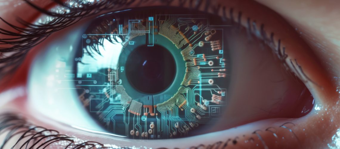 Macro photography of human eye with printed circuits in the iris. Biotechnology concept image.