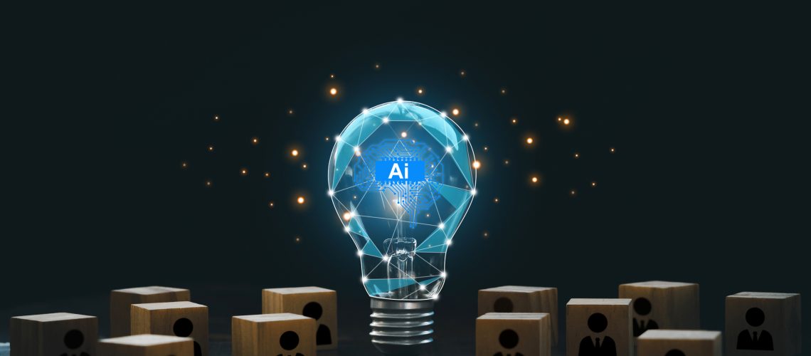 Artificial intelligence innovation. AI adoption and working. AI with a digital brain in a lightbulb with human icons in wooden blocks for AI vs human competition. manage personnel in the organization