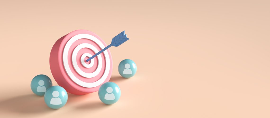 Target customer and customer centric strategies. Teamwork goal achievement and success. Arrow hits the center of target with customer or employee icons on spheres. 3D render.