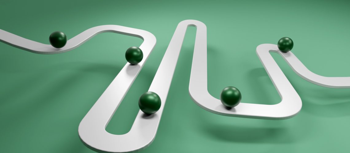 A white ball on a process path with curves. Abstract illustration of transformation process and business consulting