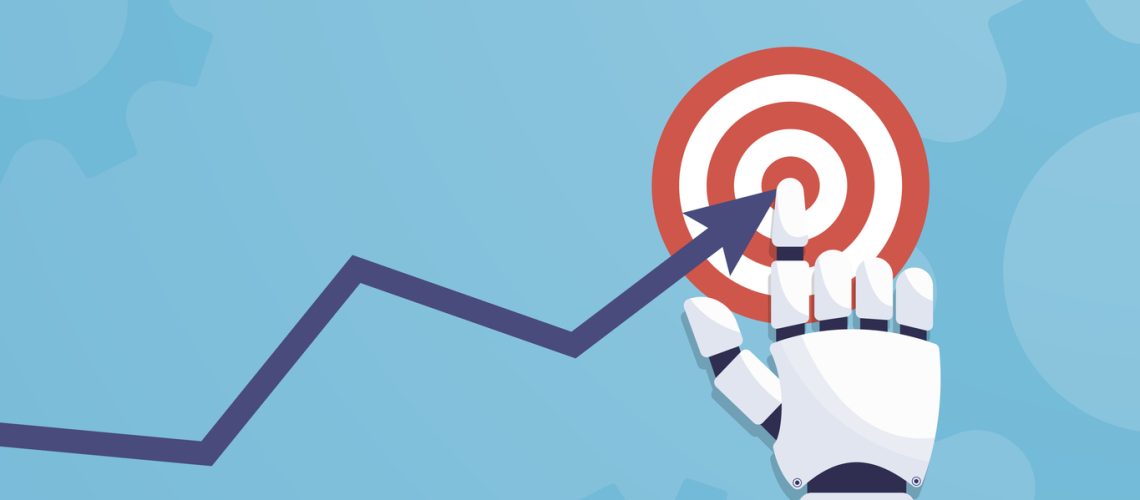 Rising arrow chart and robotic hand pointing at achieve targets. AI hands concept in the flat cartoon style. Successful way up to goal. Artificial intelligence concept. Vector illustration. Rising arrow chart and robotic hand pointing at achieve targets. AI hands concept in the flat cartoon style. Successful way up to goal. Artificial intelligence concept. Vector illustration.