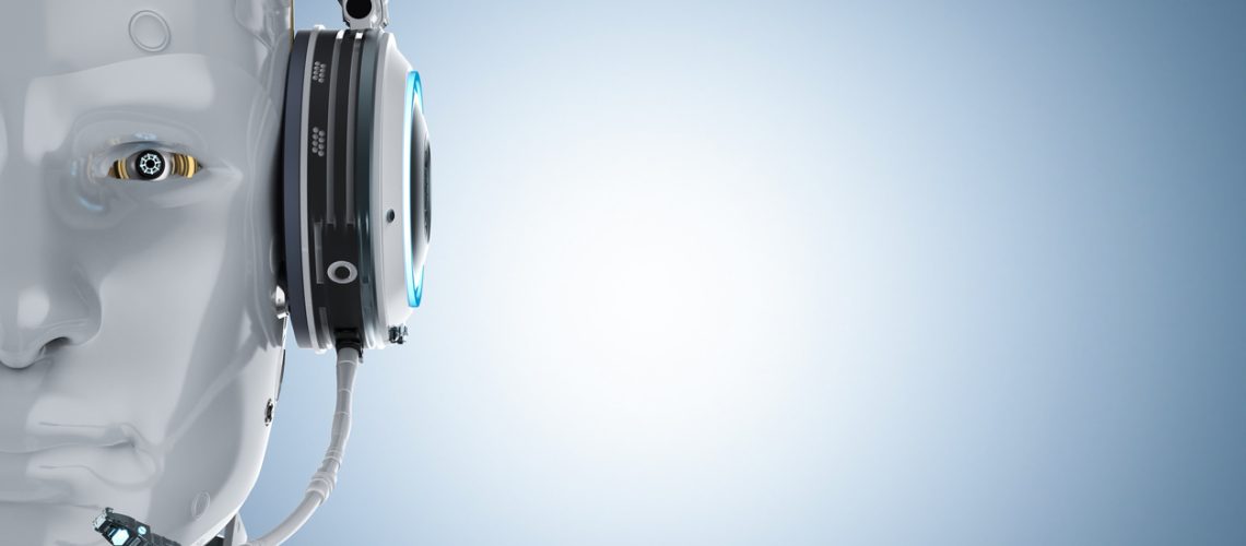 3d rendering humanoid robot with headset on white background